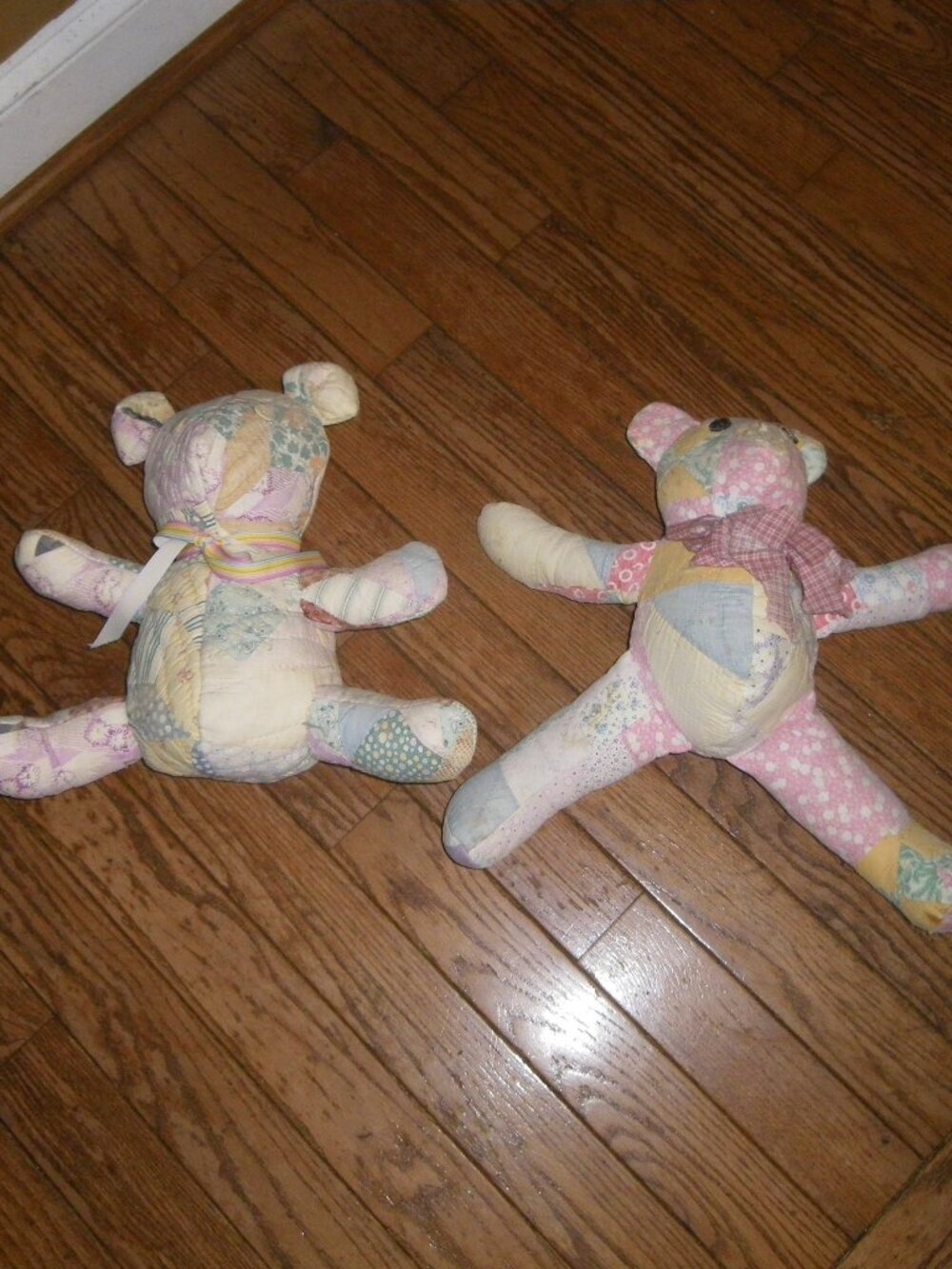 2 Vintage Homemade Stuffed Teddy Bears Handstitched Quilt Pieces Patches Decor